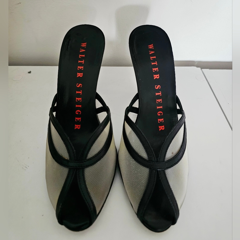 Walter Steiger Black and Cream Women's Shoes black heels bow open Toe